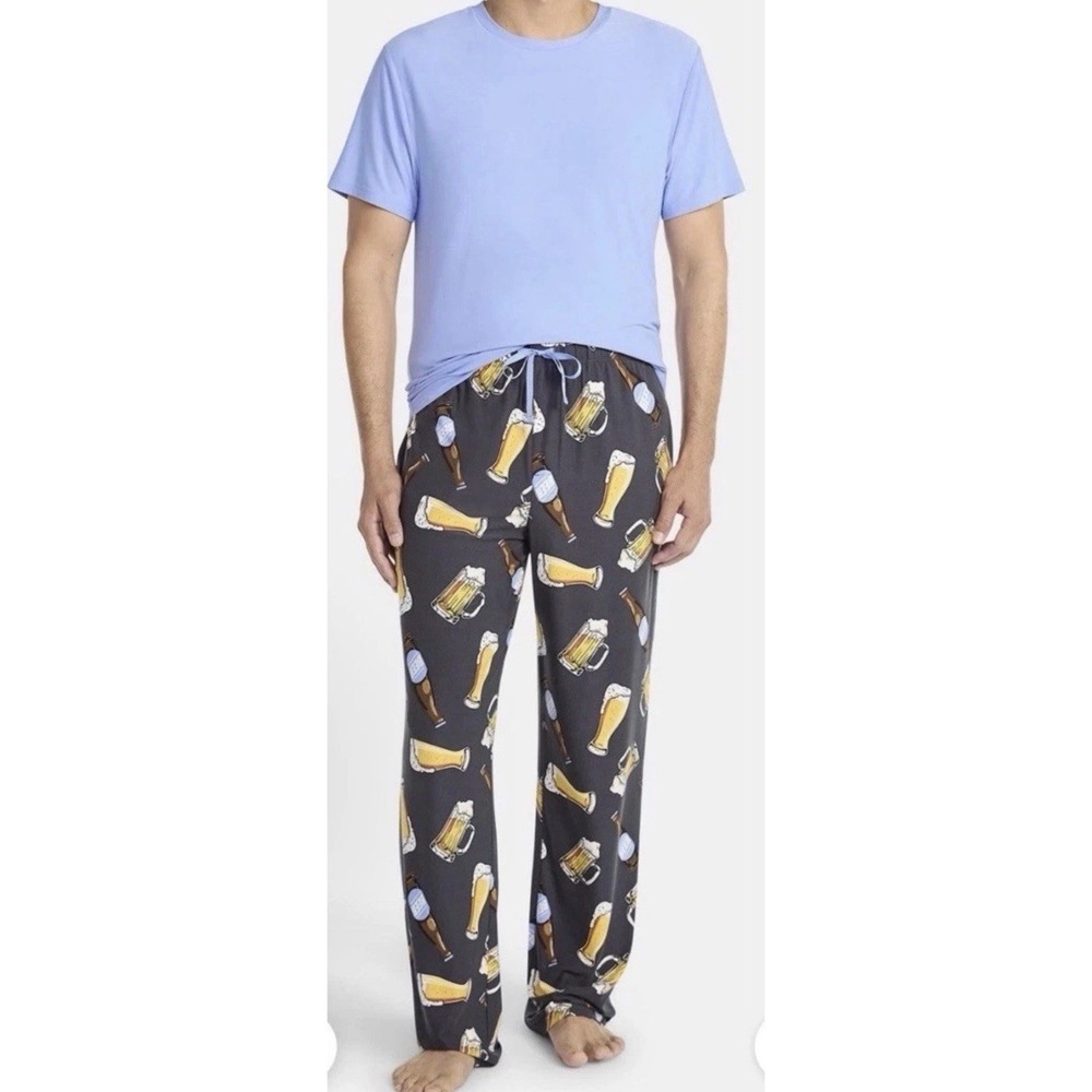 Men's Beer Print Pajama Lounge Set Sleepwear Novelty Brewery PJ Pants Shirt